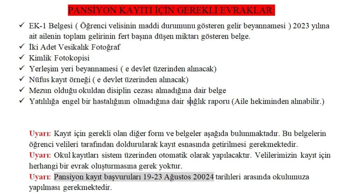 2024-2025 EĞİTİM ÖĞRETİM YILI PANSİYON KAYDI İÇİN GEREKLİ EVRAKLAR